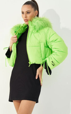 Lime Fur Hooded Puffer Jacket