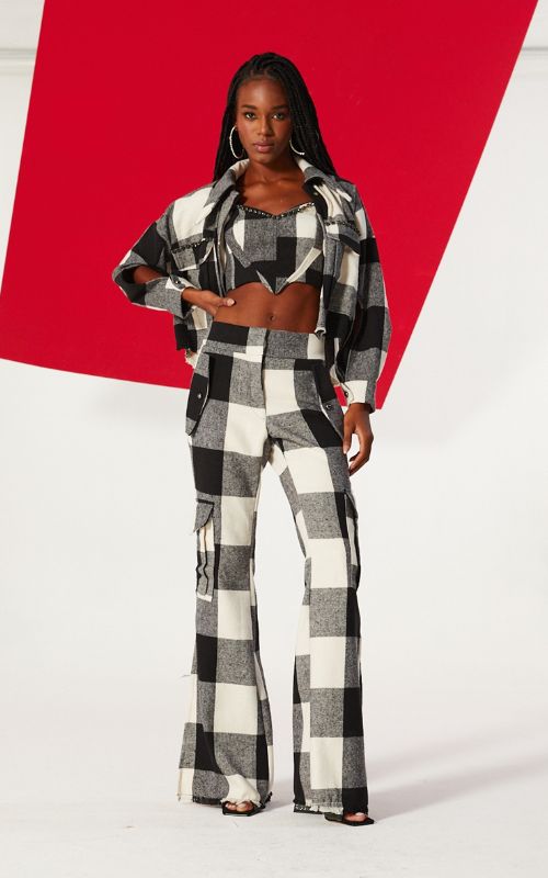 Plaid Wide Legs Pants with chains pockets - Open