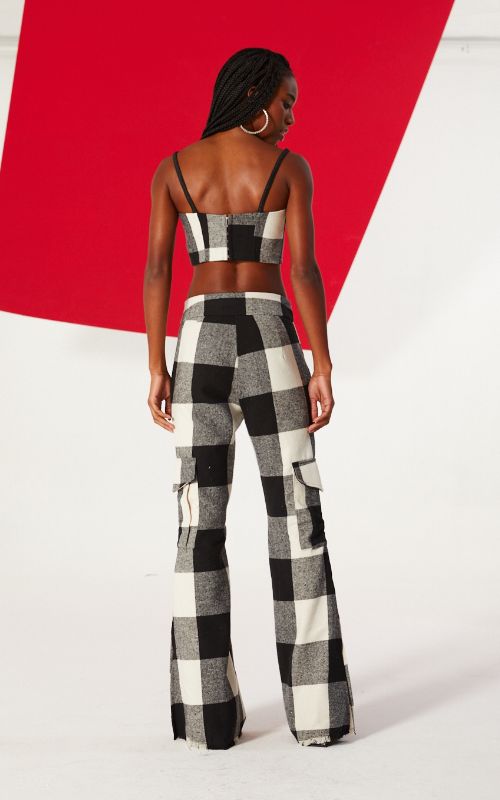 Plaid Wide Legs Pants with chains pockets - Open