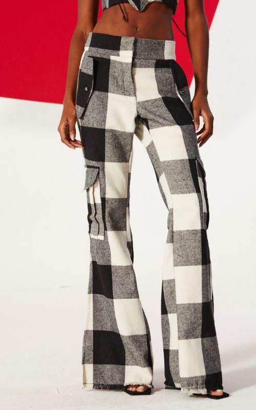 Plaid Wide Legs Pants with chains pockets - Open