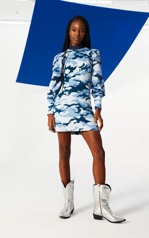 Slim Camouflage Dress With Puffed Sleeves - Open