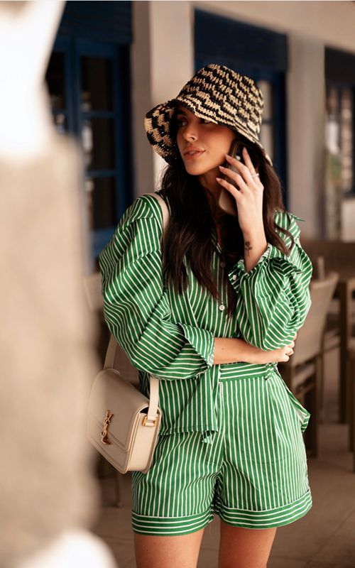 Capri Navy Green Striped Cotton Button-Down