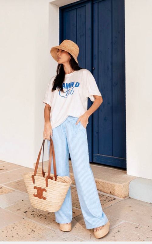 Capri Navy Light Blue Striped Cotton Pants