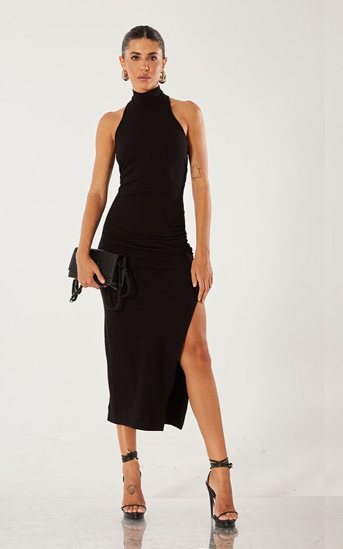 High-Neck Ribbed Midi Dress - Open