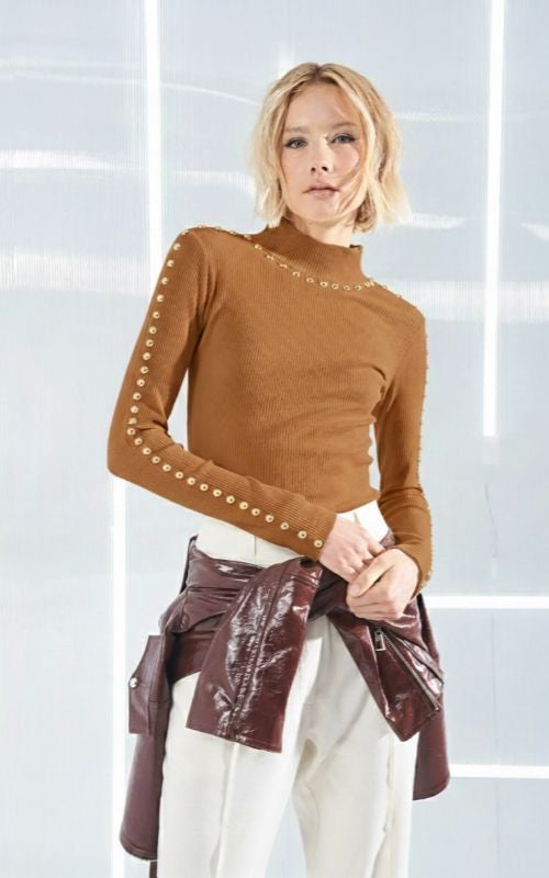 Ribbed Blouse with Gold Studs - Open