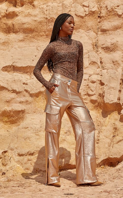 Metallic Cargo Style Pants - Open