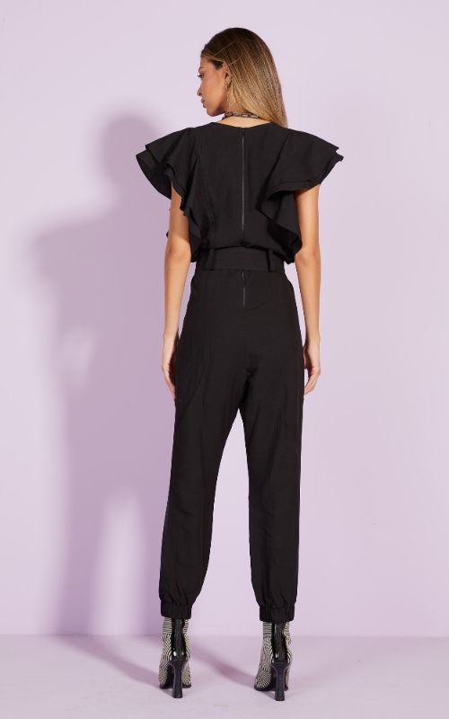 Ruffle Linen Jumpsuit - Black/Beige